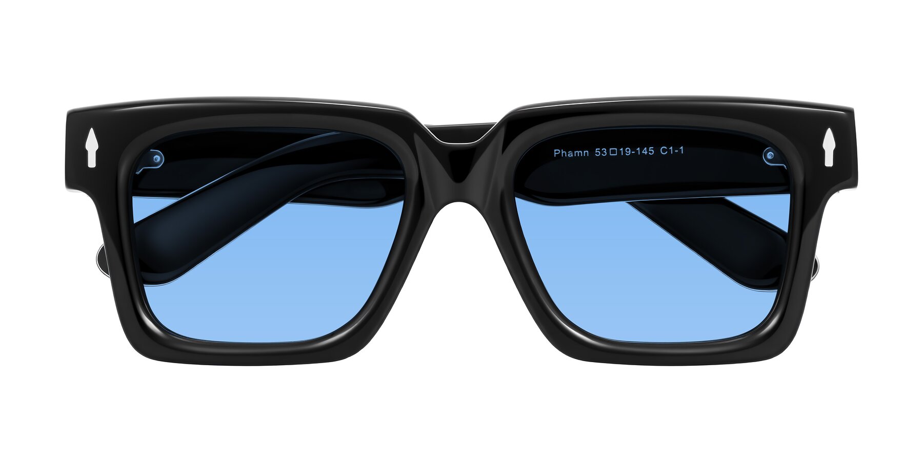 Folded Front of Phamn in Black with Medium Blue Tinted Lenses