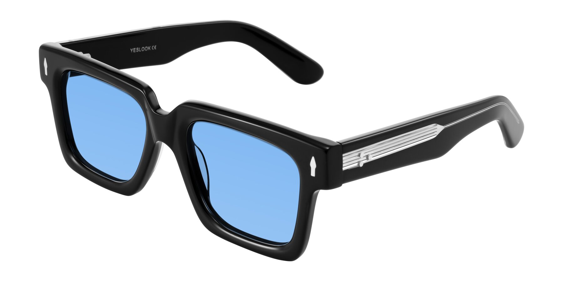 Angle of Phamn in Black with Medium Blue Tinted Lenses