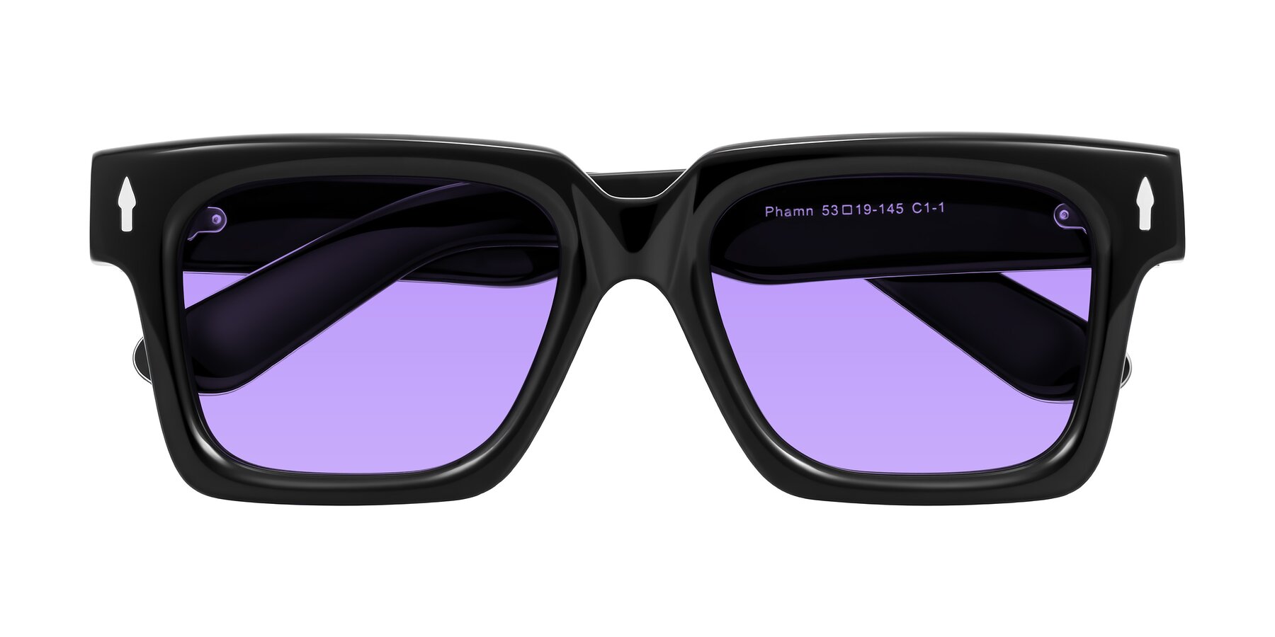 Folded Front of Phamn in Black with Medium Purple Tinted Lenses
