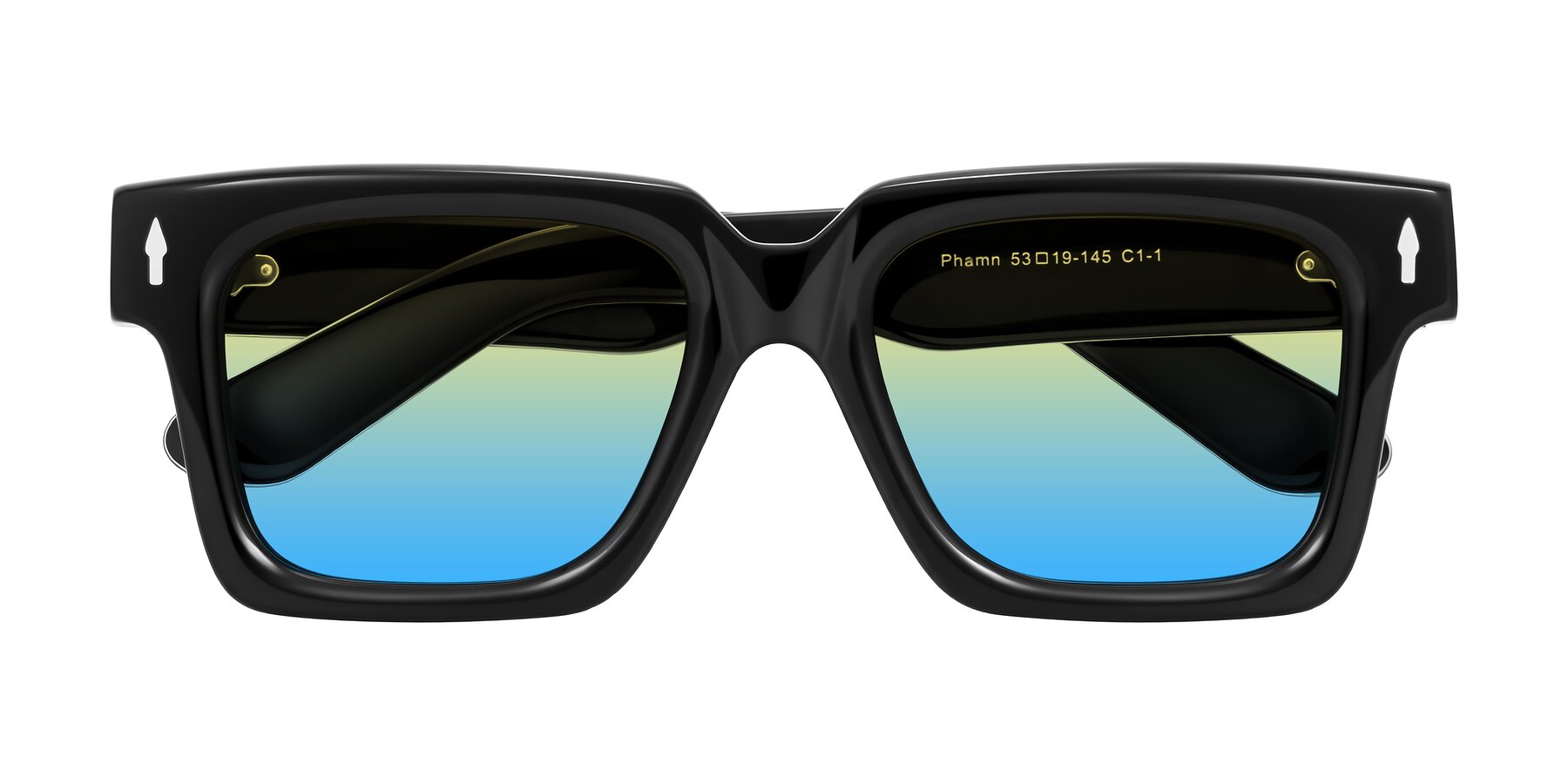 Folded Front of Phamn in Black with Yellow / Blue Gradient Lenses