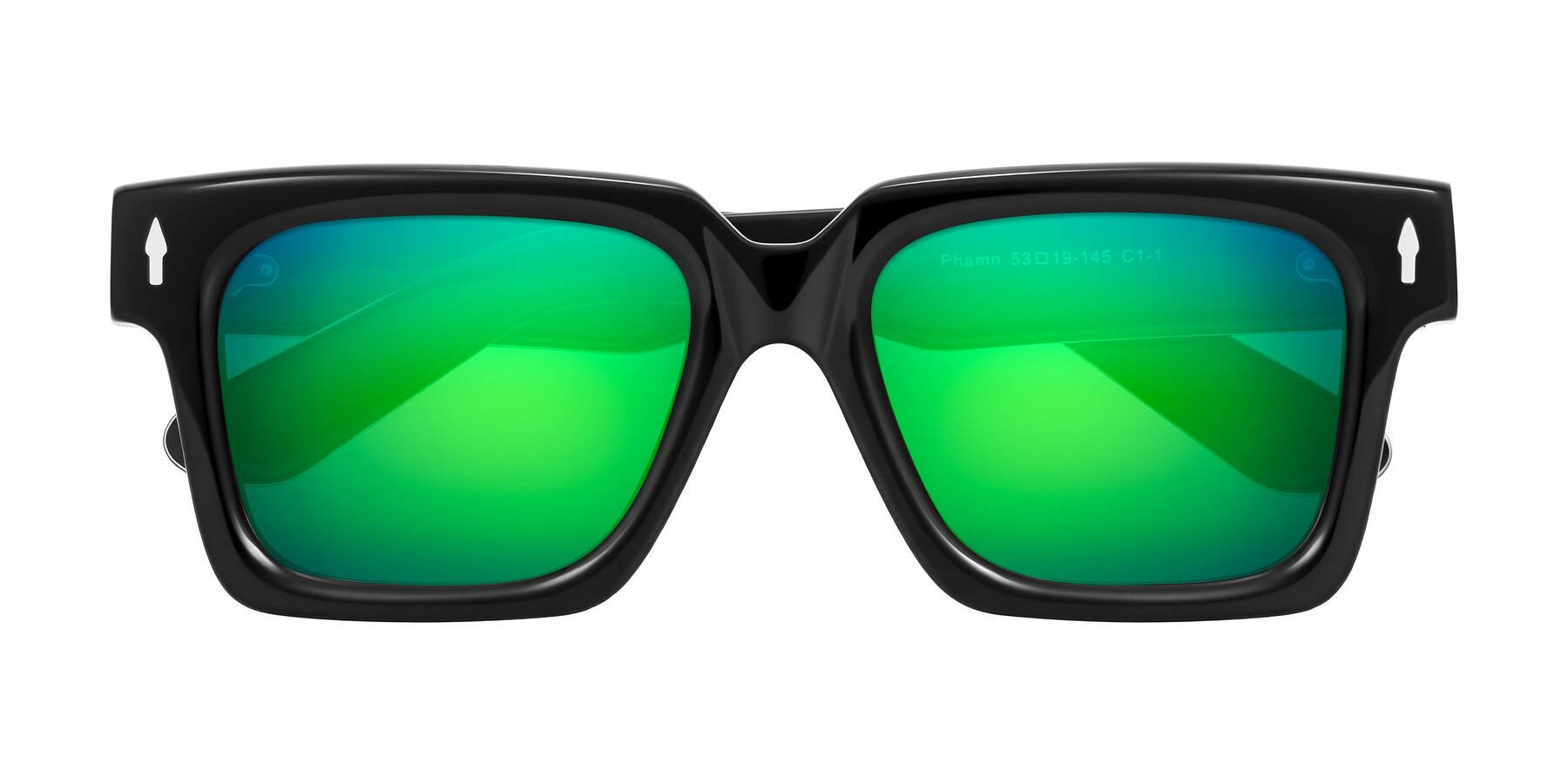 Folded Front of Phamn in Black with Green Mirrored Lenses
