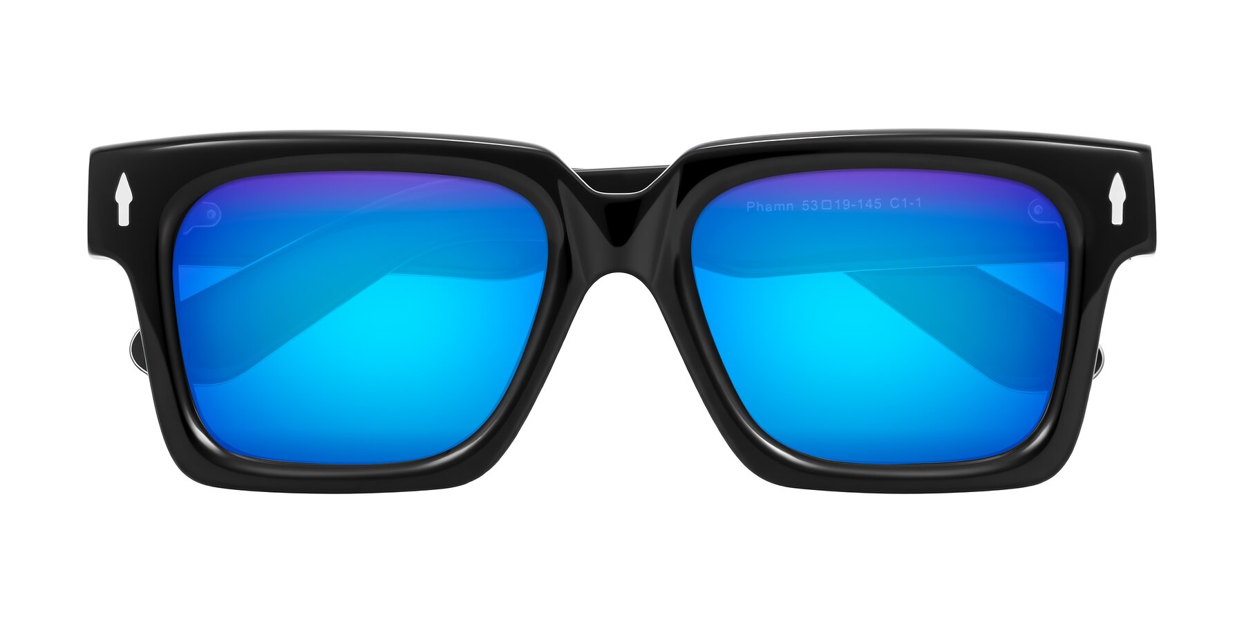 Folded Front of Phamn in Black with Blue Mirrored Lenses