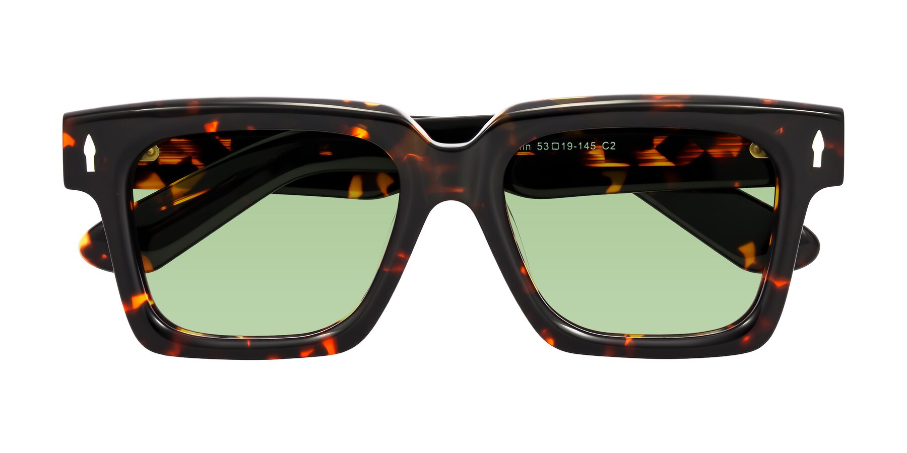 Folded Front of Phamn in Tortoise with Medium Green Tinted Lenses