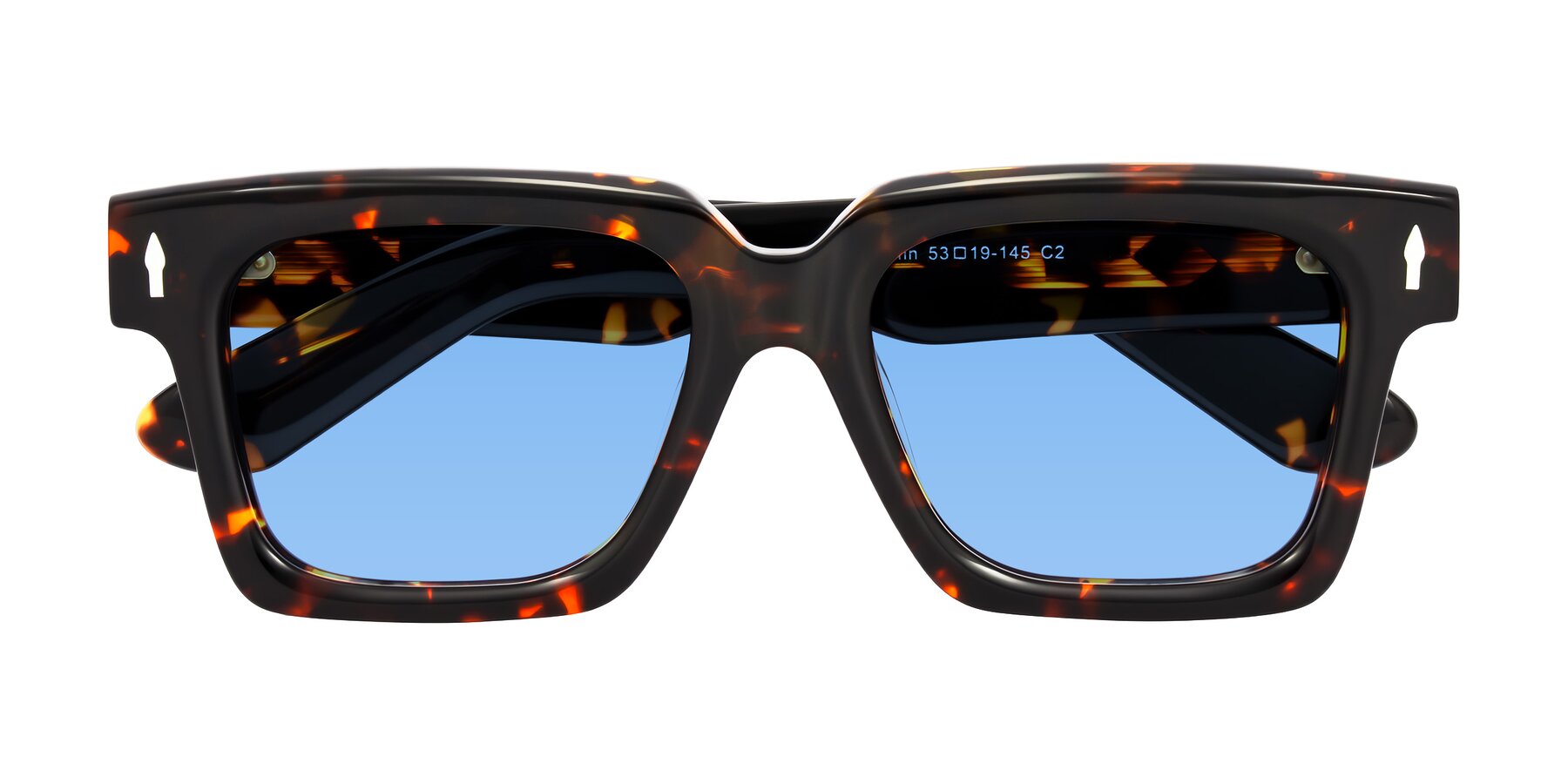 Folded Front of Phamn in Tortoise with Medium Blue Tinted Lenses