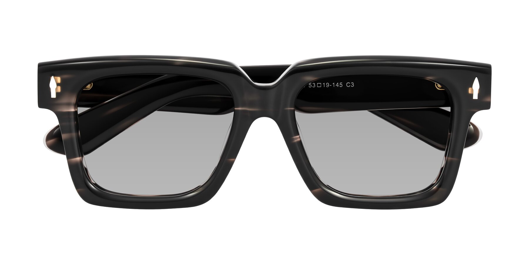 Folded Front of Phamn in Dark Gray Striped with Light Gray Tinted Lenses