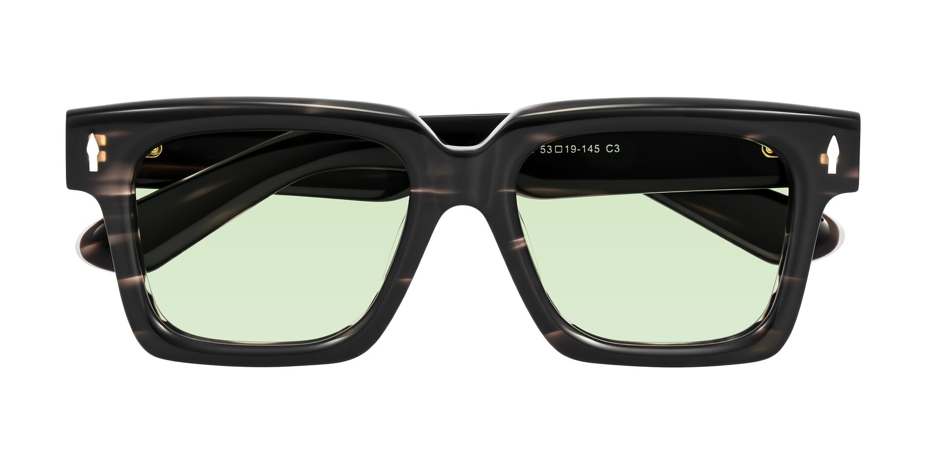 Folded Front of Phamn in Dark Gray Striped with Light Green Tinted Lenses