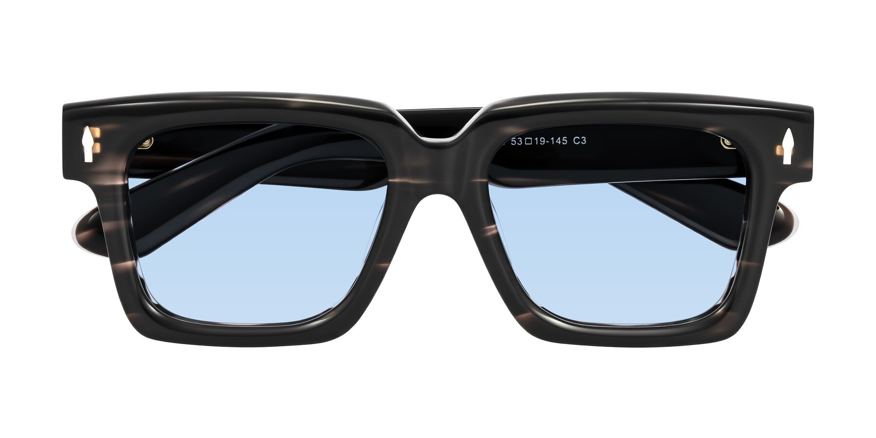Folded Front of Phamn in Dark Gray Striped with Light Blue Tinted Lenses