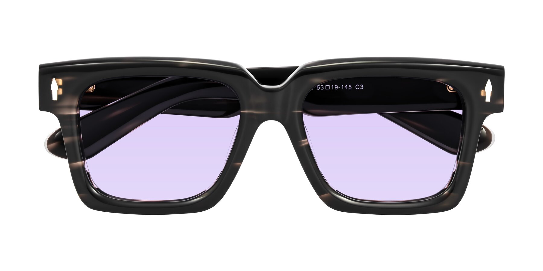 Folded Front of Phamn in Dark Gray Striped with Light Purple Tinted Lenses