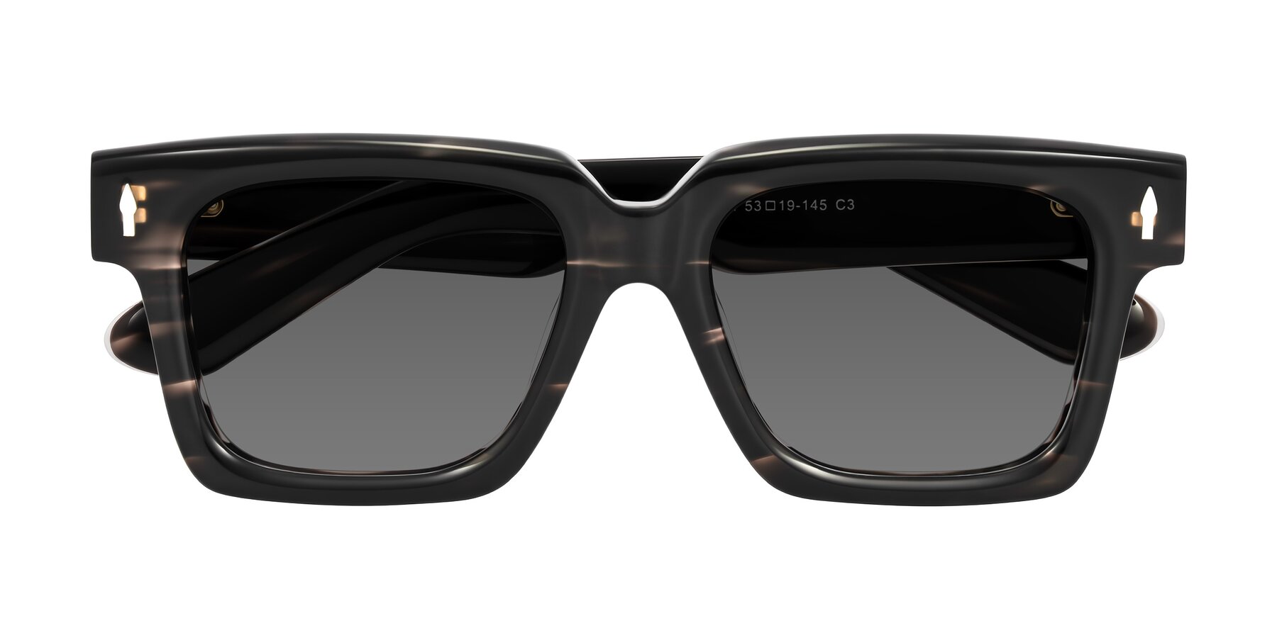 Folded Front of Phamn in Dark Gray Striped with Medium Gray Tinted Lenses