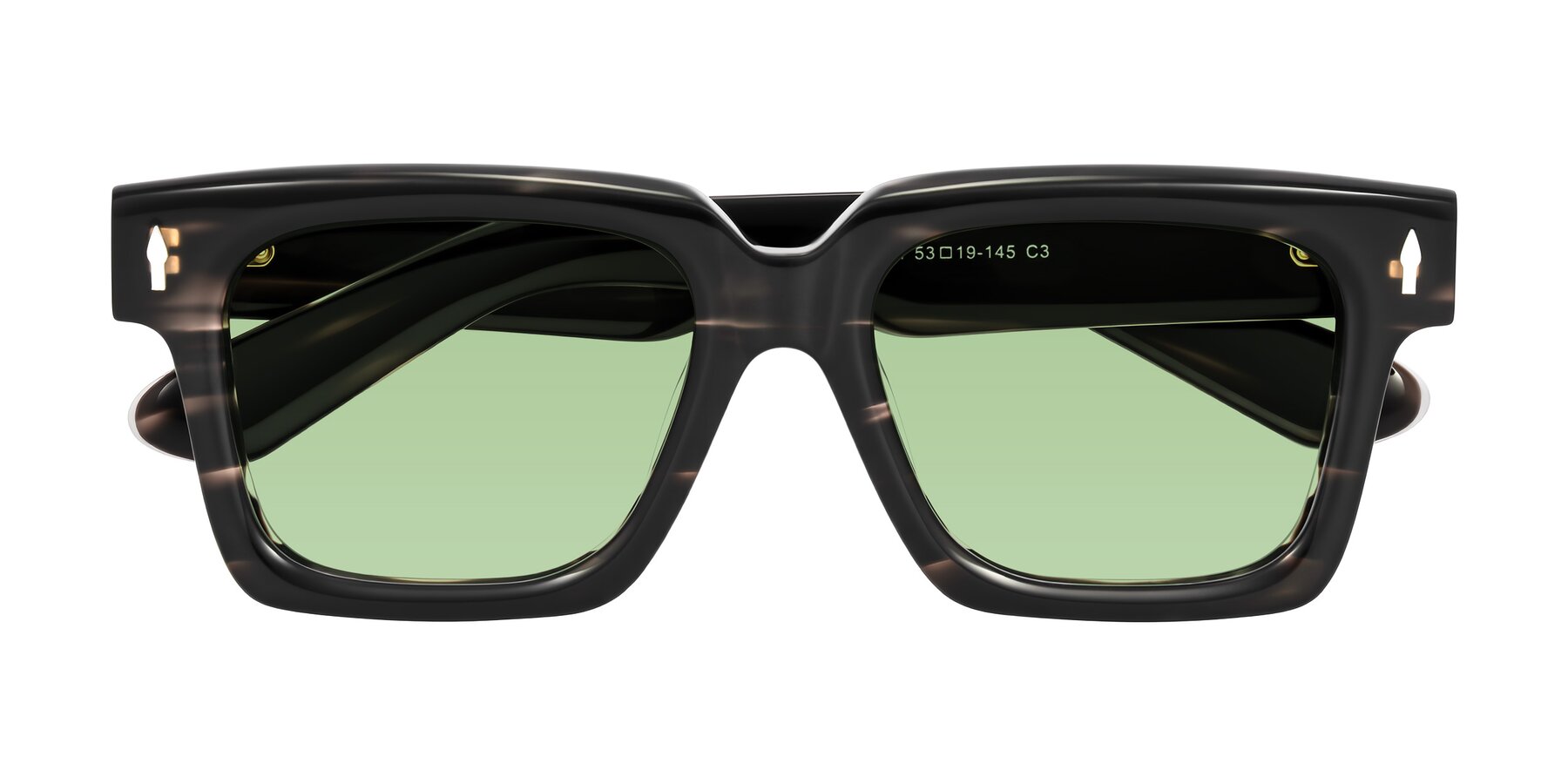Folded Front of Phamn in Dark Gray Striped with Medium Green Tinted Lenses