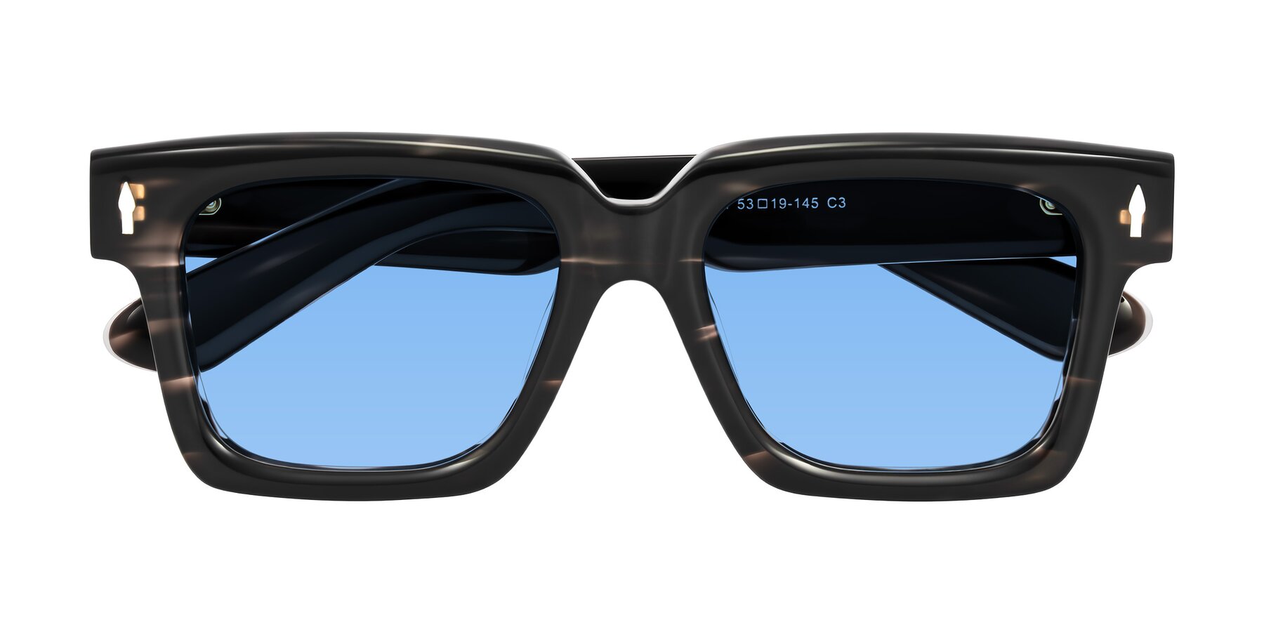 Folded Front of Phamn in Dark Gray Striped with Medium Blue Tinted Lenses