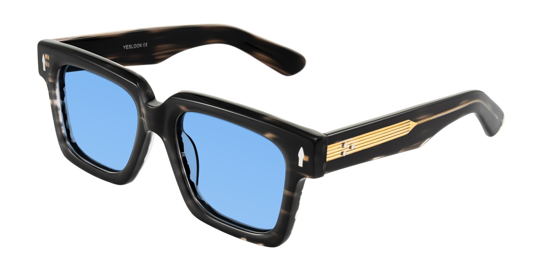 Angle of Phamn in Dark Gray Striped with Medium Blue Tinted Lenses