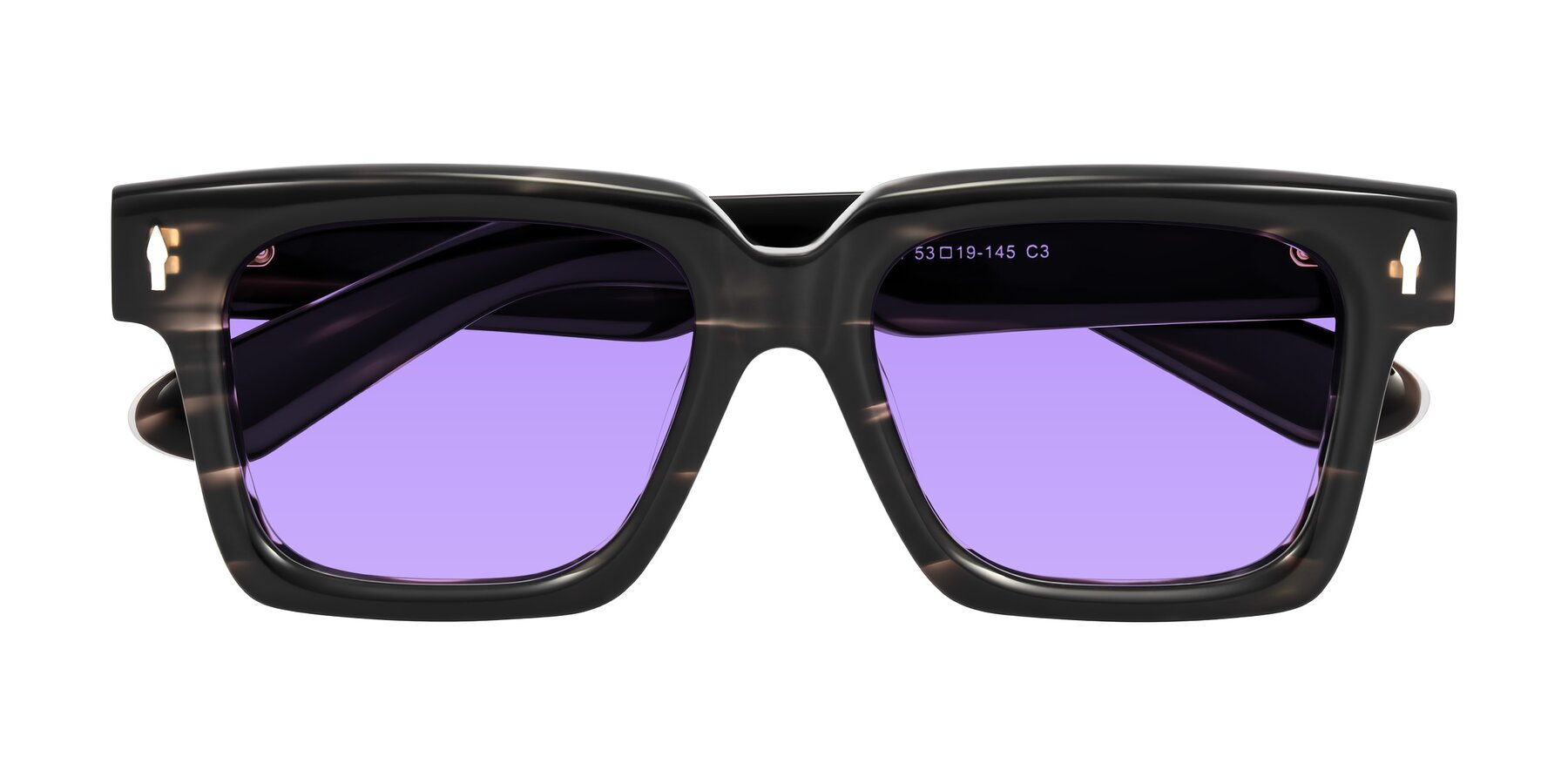 Folded Front of Phamn in Dark Gray Striped with Medium Purple Tinted Lenses