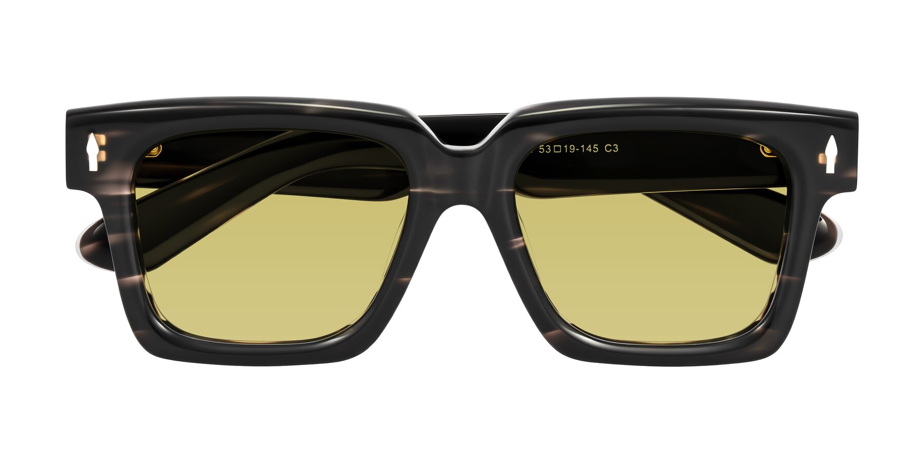 Folded Front of Phamn in Dark Gray Striped with Medium Champagne Tinted Lenses