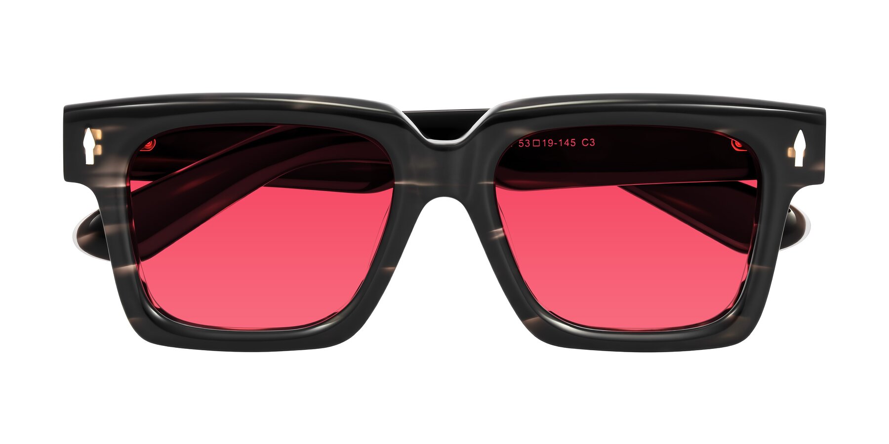 Folded Front of Phamn in Dark Gray Striped with Red Tinted Lenses
