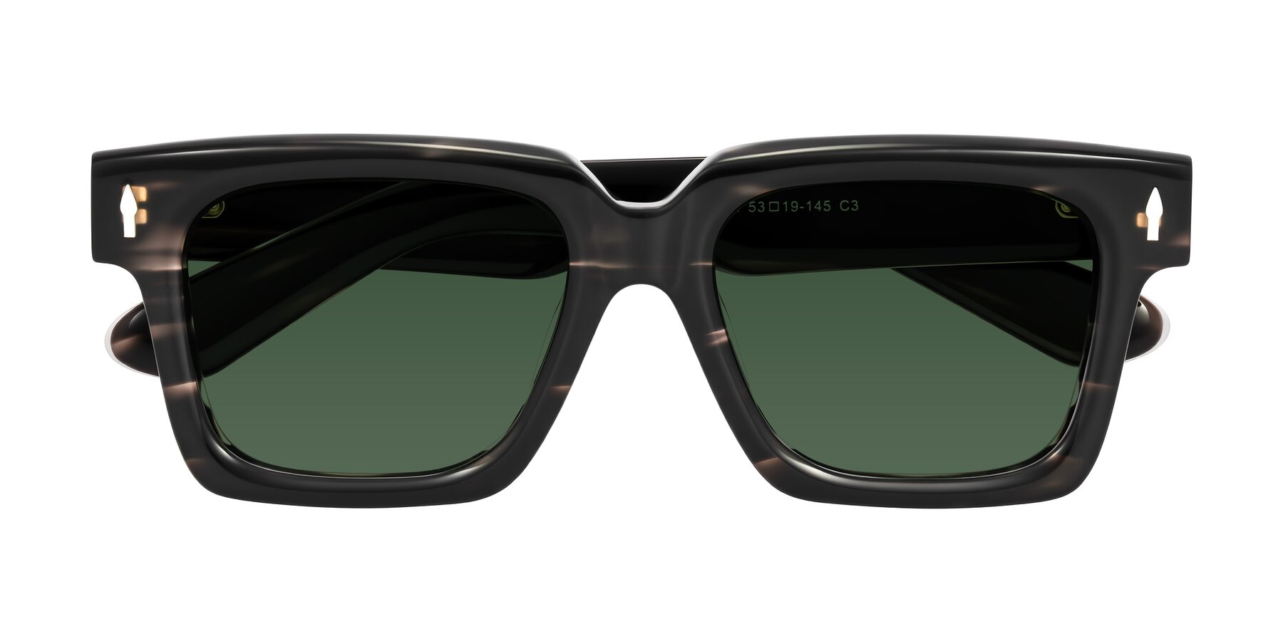 Folded Front of Phamn in Dark Gray Striped with Green Tinted Lenses