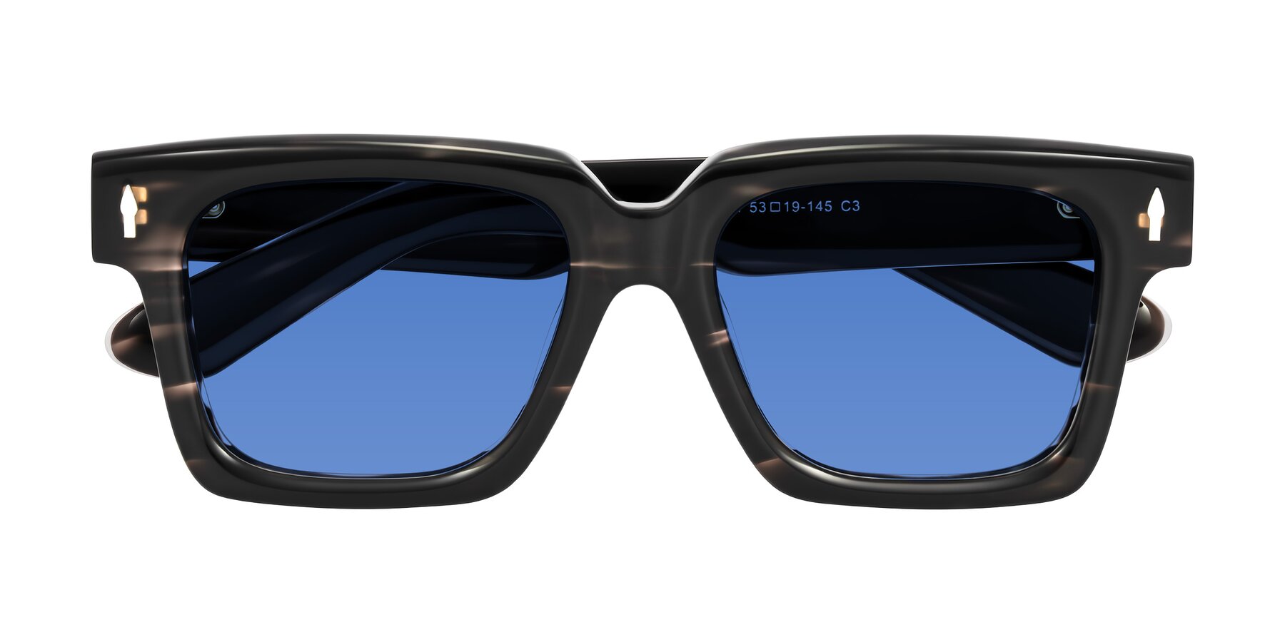 Folded Front of Phamn in Dark Gray Striped with Blue Tinted Lenses