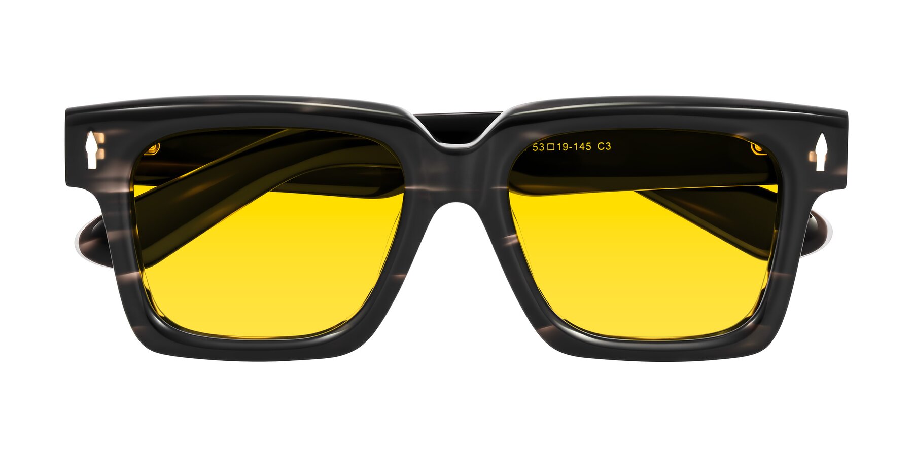 Folded Front of Phamn in Dark Gray Striped with Yellow Tinted Lenses