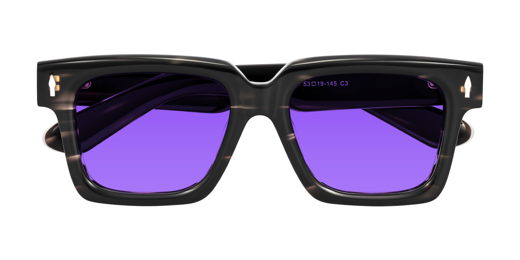 Folded Front of Phamn in Dark Gray Striped with Purple Tinted Lenses