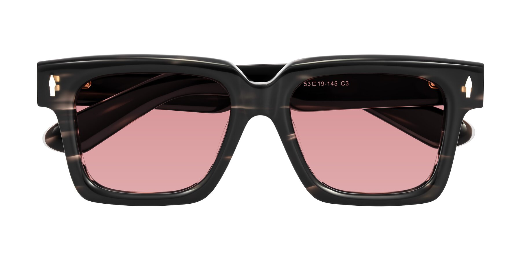 Folded Front of Phamn in Dark Gray Striped with Medium Garnet Tinted Lenses