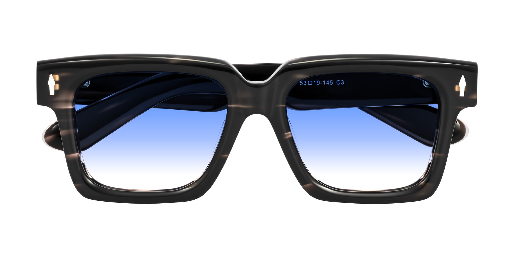 Folded Front of Phamn in Dark Gray Striped with Blue Gradient Lenses