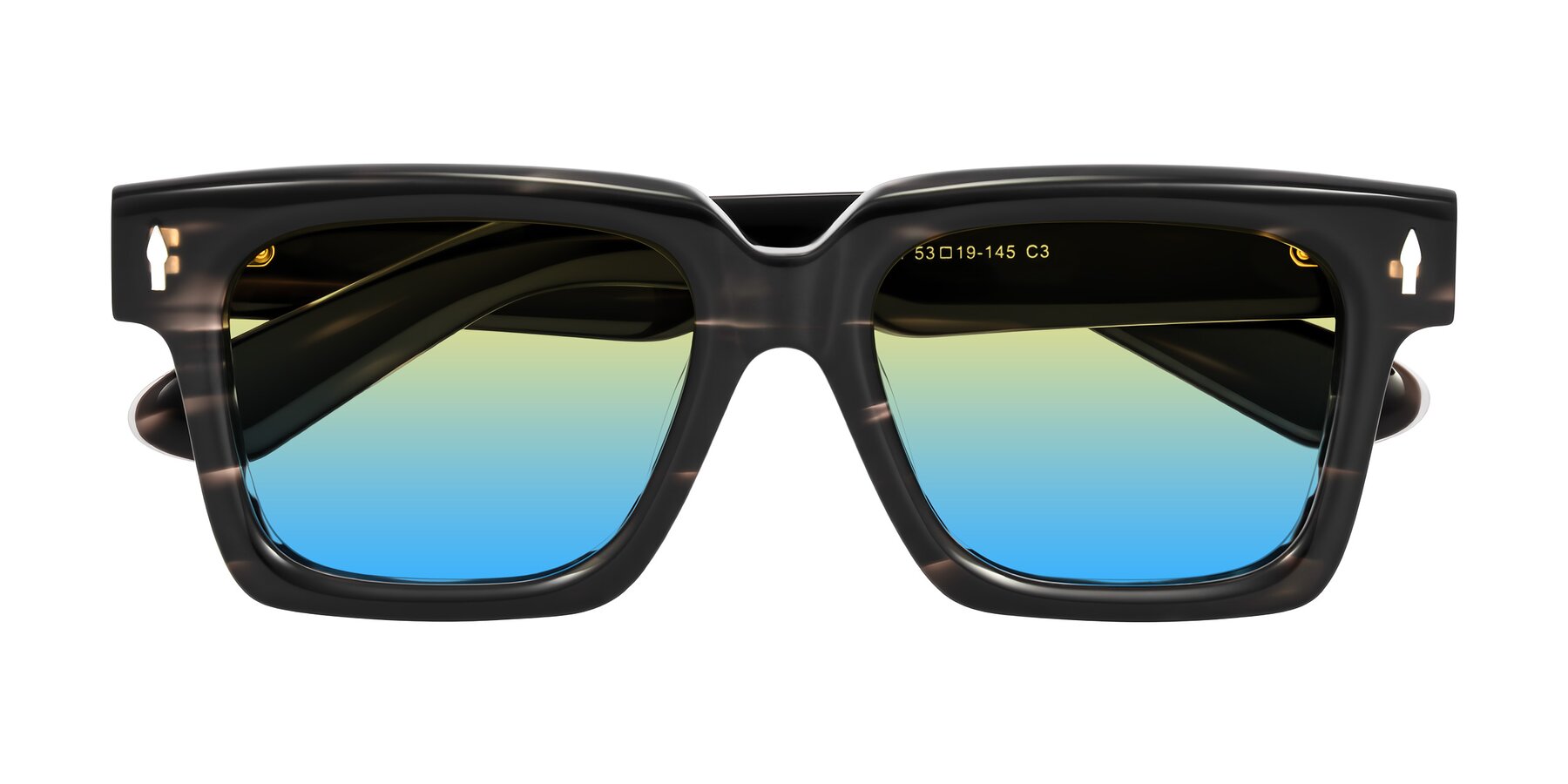 Folded Front of Phamn in Dark Gray Striped with Yellow / Blue Gradient Lenses