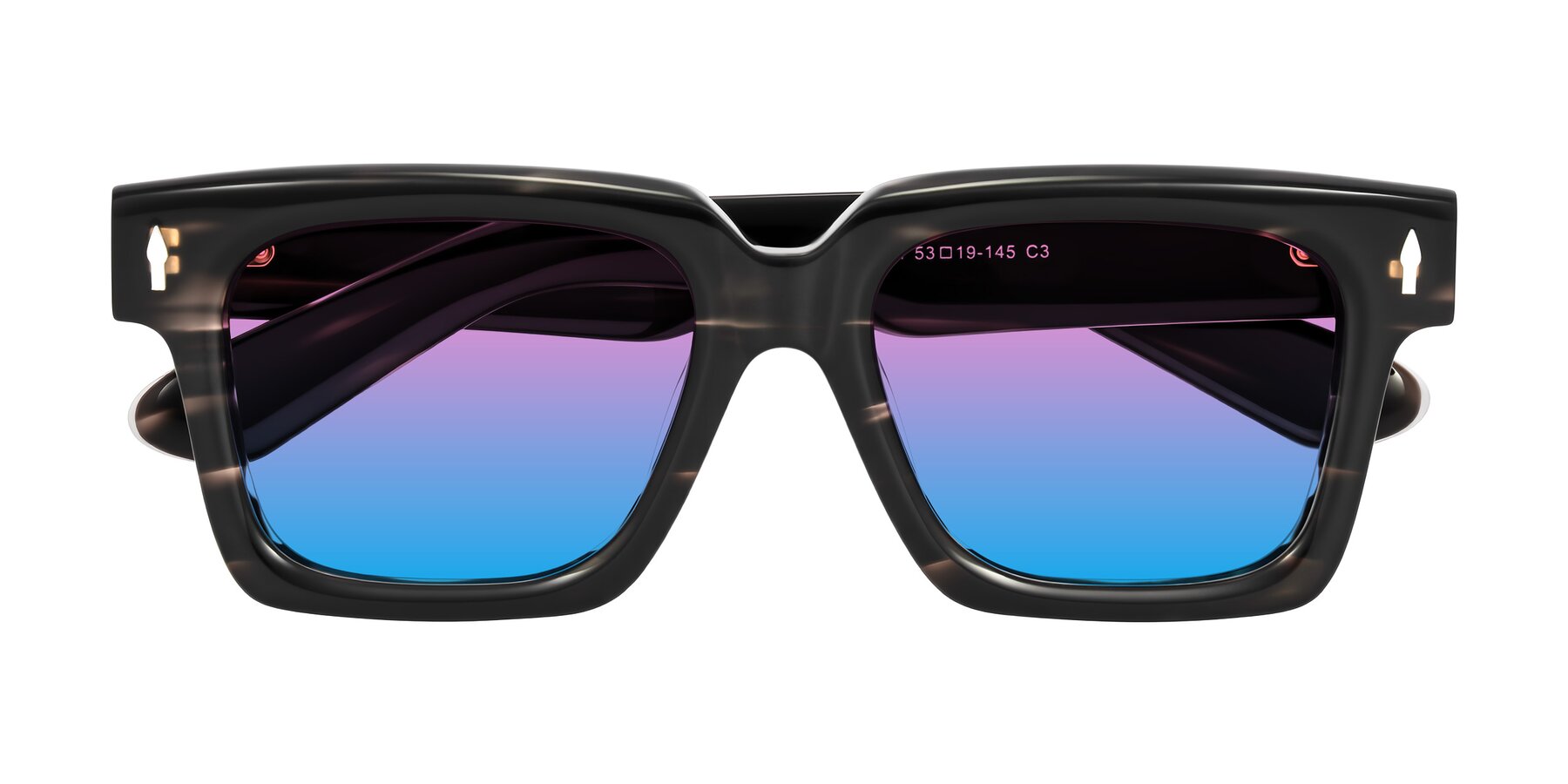 Folded Front of Phamn in Dark Gray Striped with Pink / Blue Gradient Lenses