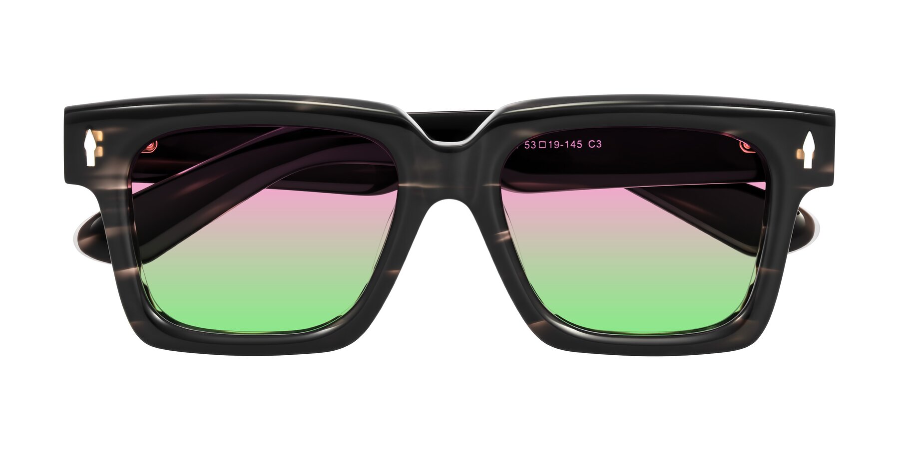 Folded Front of Phamn in Dark Gray Striped with Pink / Green Gradient Lenses