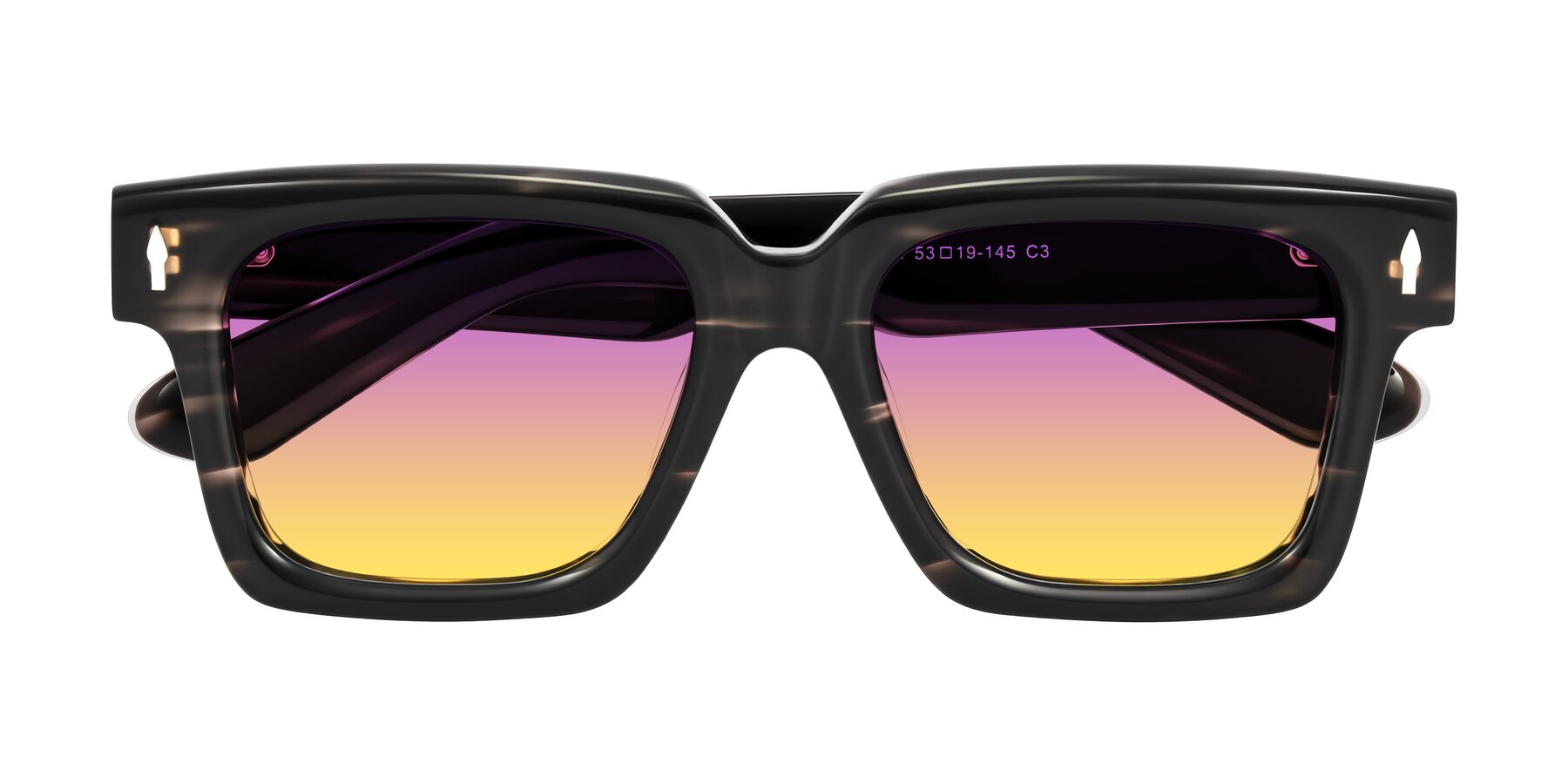 Folded Front of Phamn in Dark Gray Striped with Purple / Yellow Gradient Lenses