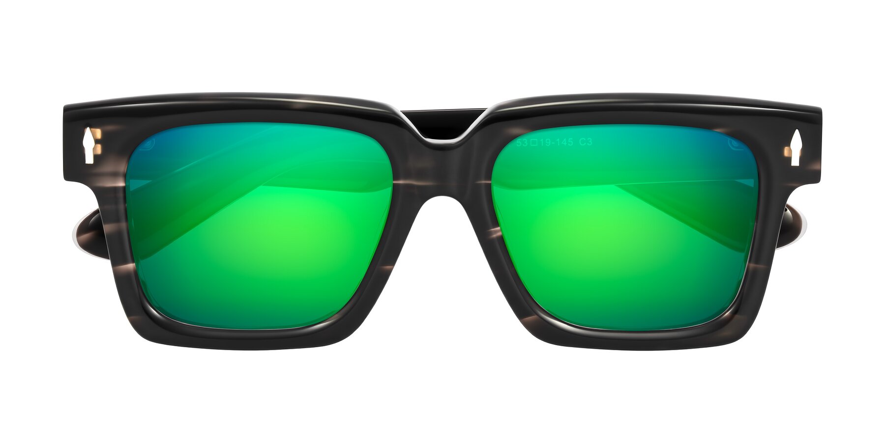 Folded Front of Phamn in Dark Gray Striped with Green Mirrored Lenses
