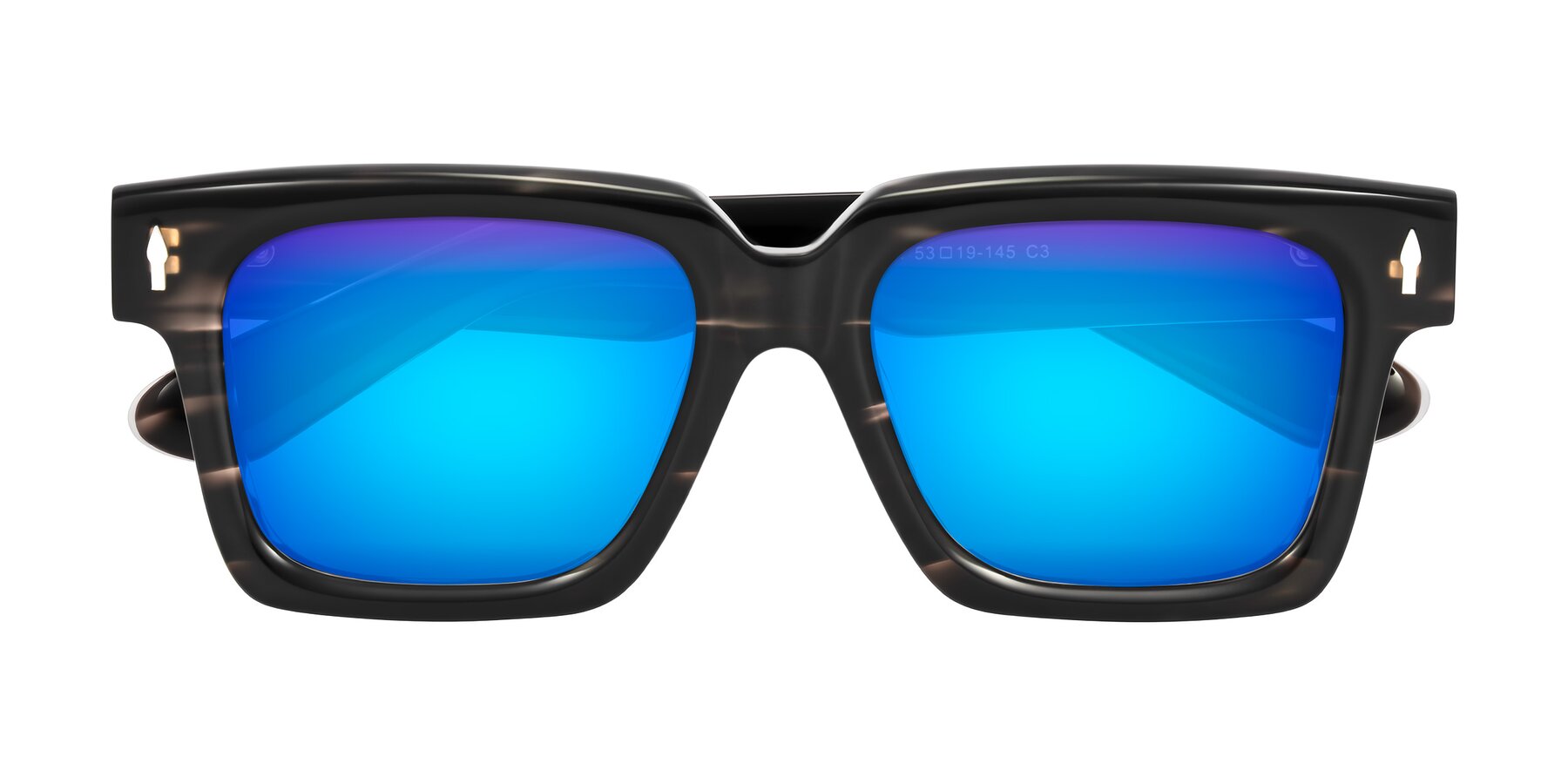 Folded Front of Phamn in Dark Gray Striped with Blue Mirrored Lenses