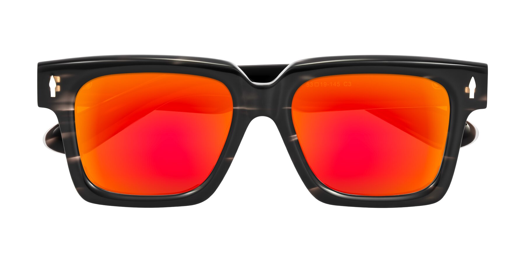 Folded Front of Phamn in Dark Gray Striped with Red Gold Mirrored Lenses