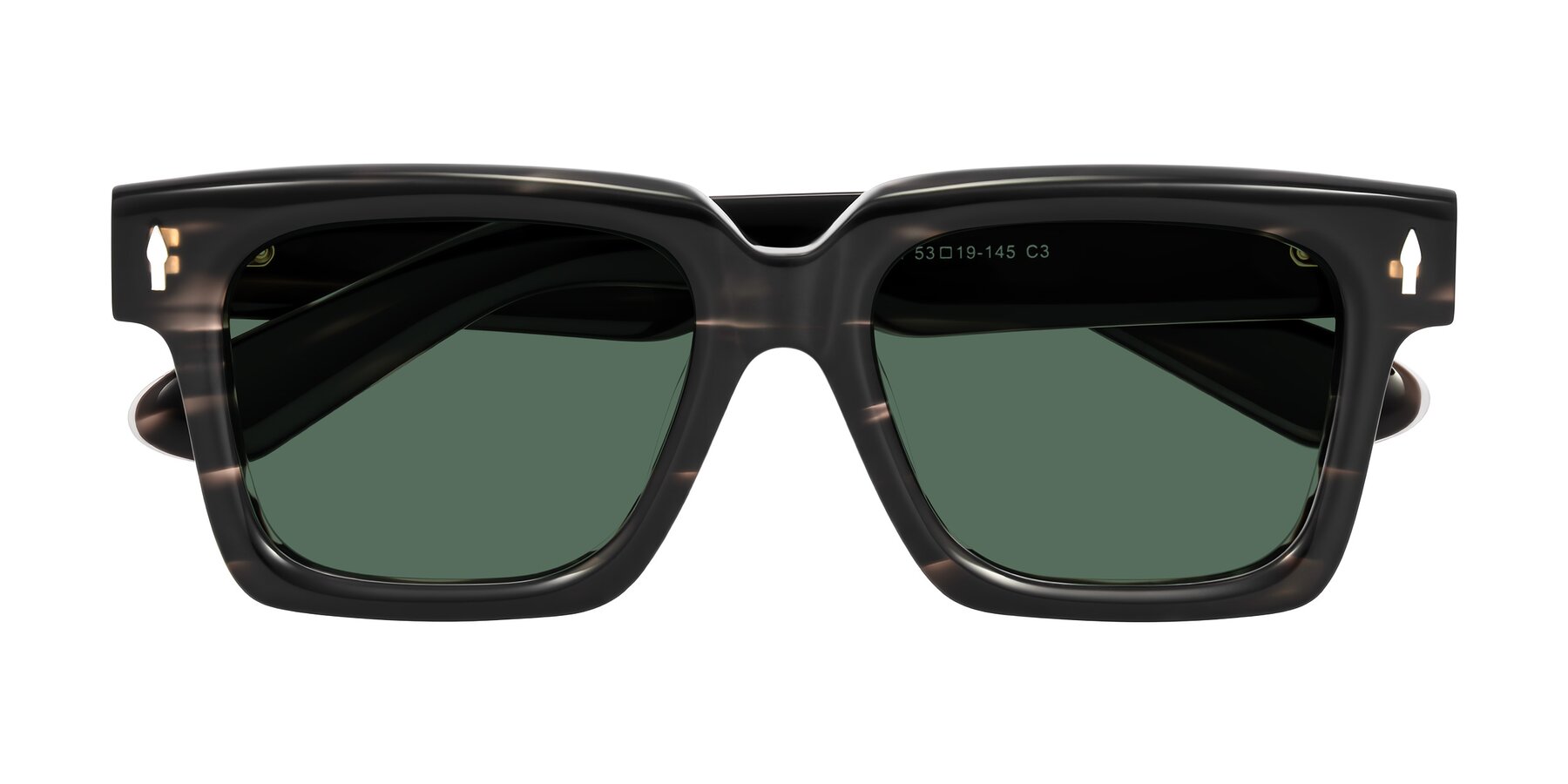 Folded Front of Phamn in Dark Gray Striped with Green Polarized Lenses