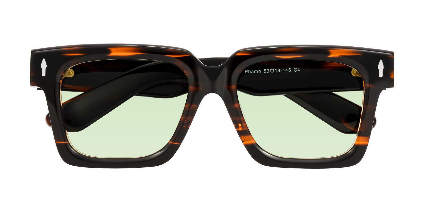Folded Front of Phamn in Dark Brown Striped with Light Green Tinted Lenses