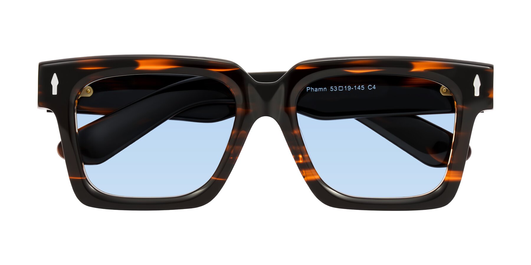 Folded Front of Phamn in Dark Brown Striped with Light Blue Tinted Lenses