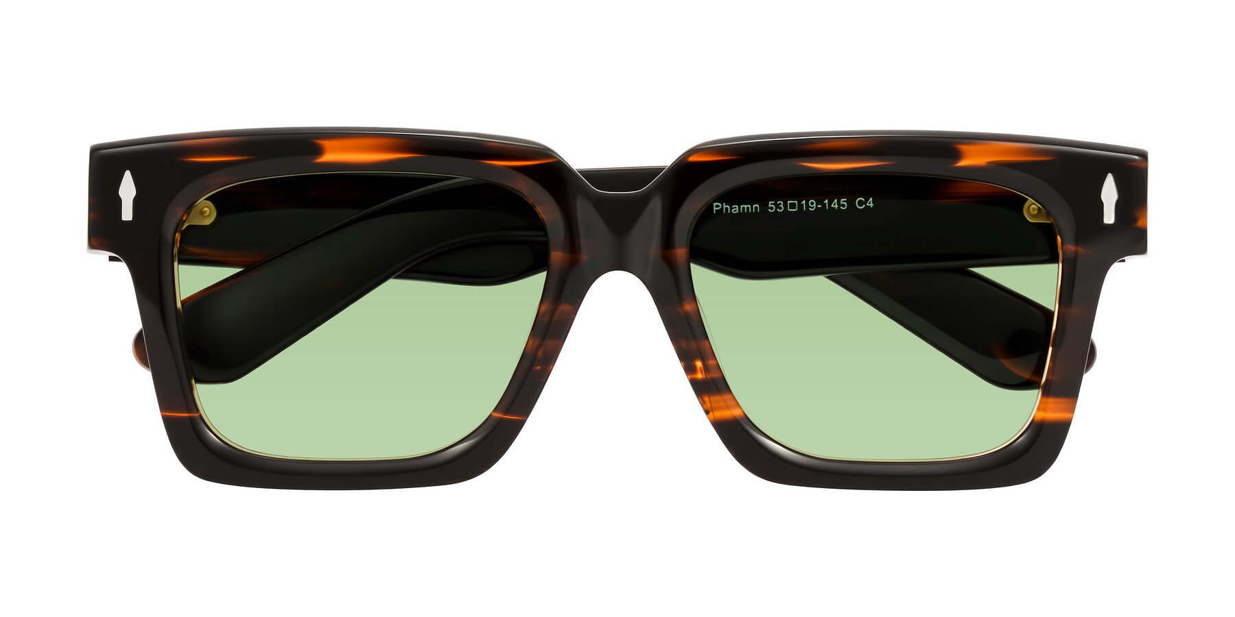 Folded Front of Phamn in Dark Brown Striped with Medium Green Tinted Lenses
