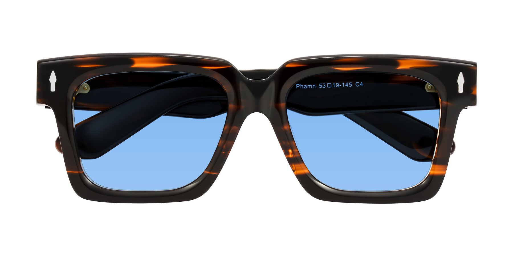 Folded Front of Phamn in Dark Brown Striped with Medium Blue Tinted Lenses