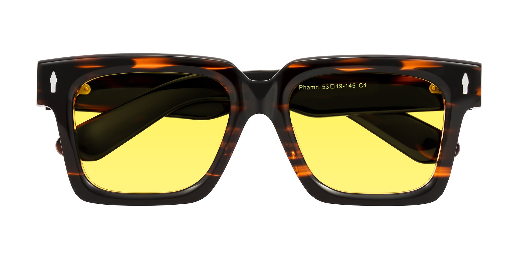 Folded Front of Phamn in Dark Brown Striped with Medium Yellow Tinted Lenses
