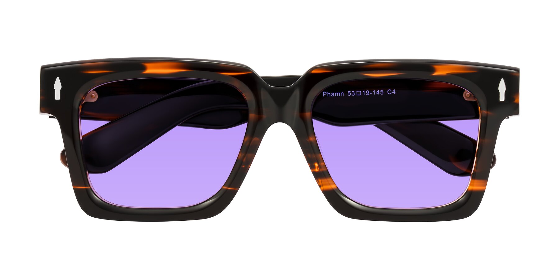 Folded Front of Phamn in Dark Brown Striped with Medium Purple Tinted Lenses
