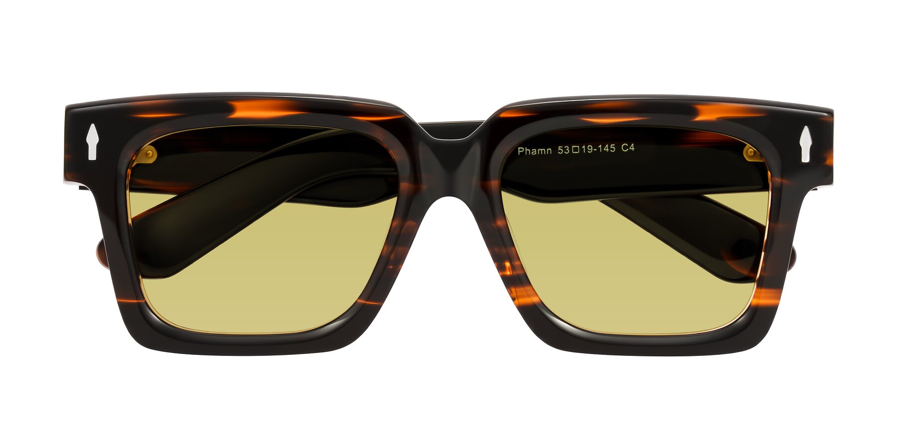 Folded Front of Phamn in Dark Brown Striped with Medium Champagne Tinted Lenses