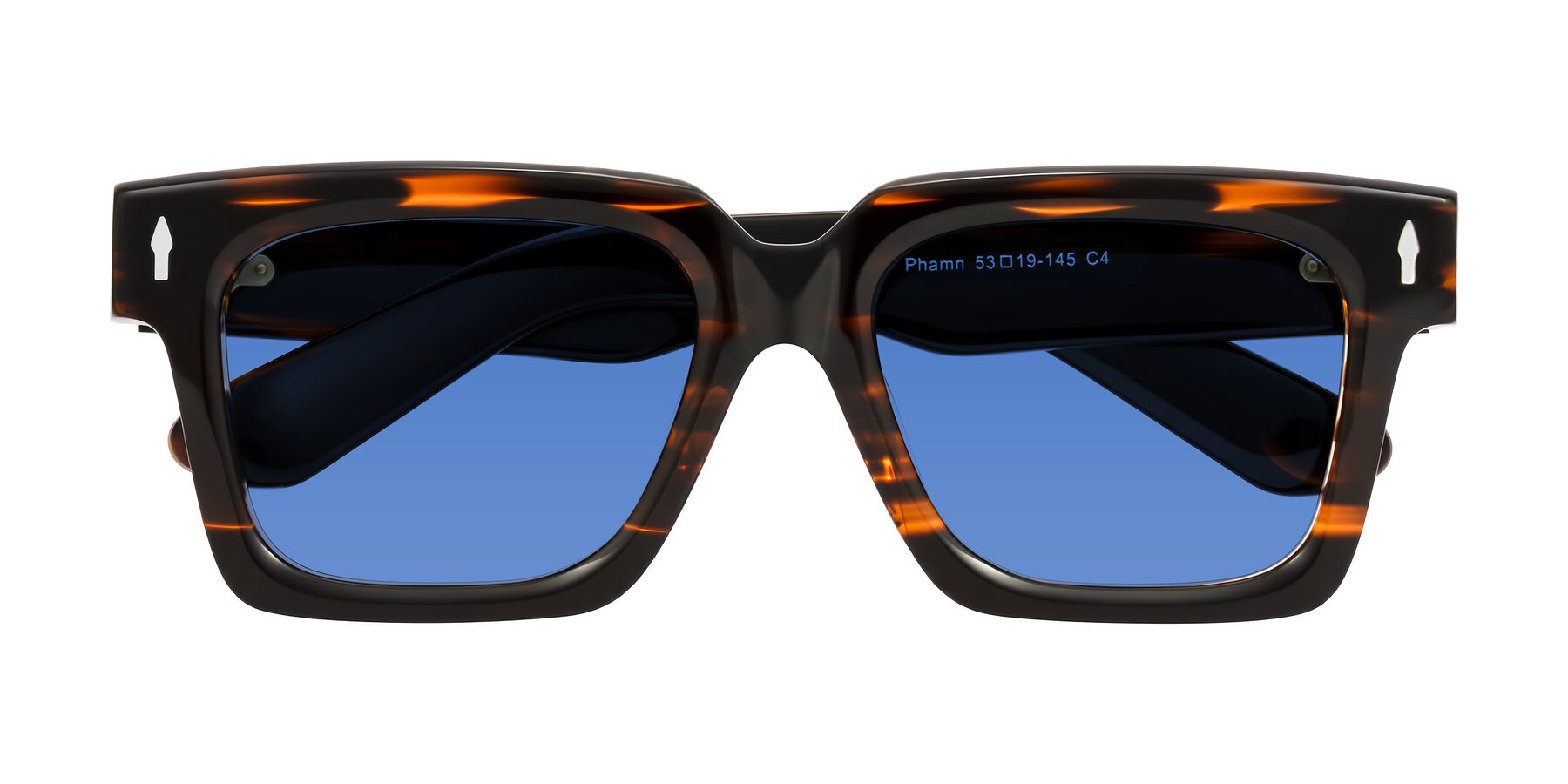 Folded Front of Phamn in Dark Brown Striped with Blue Tinted Lenses