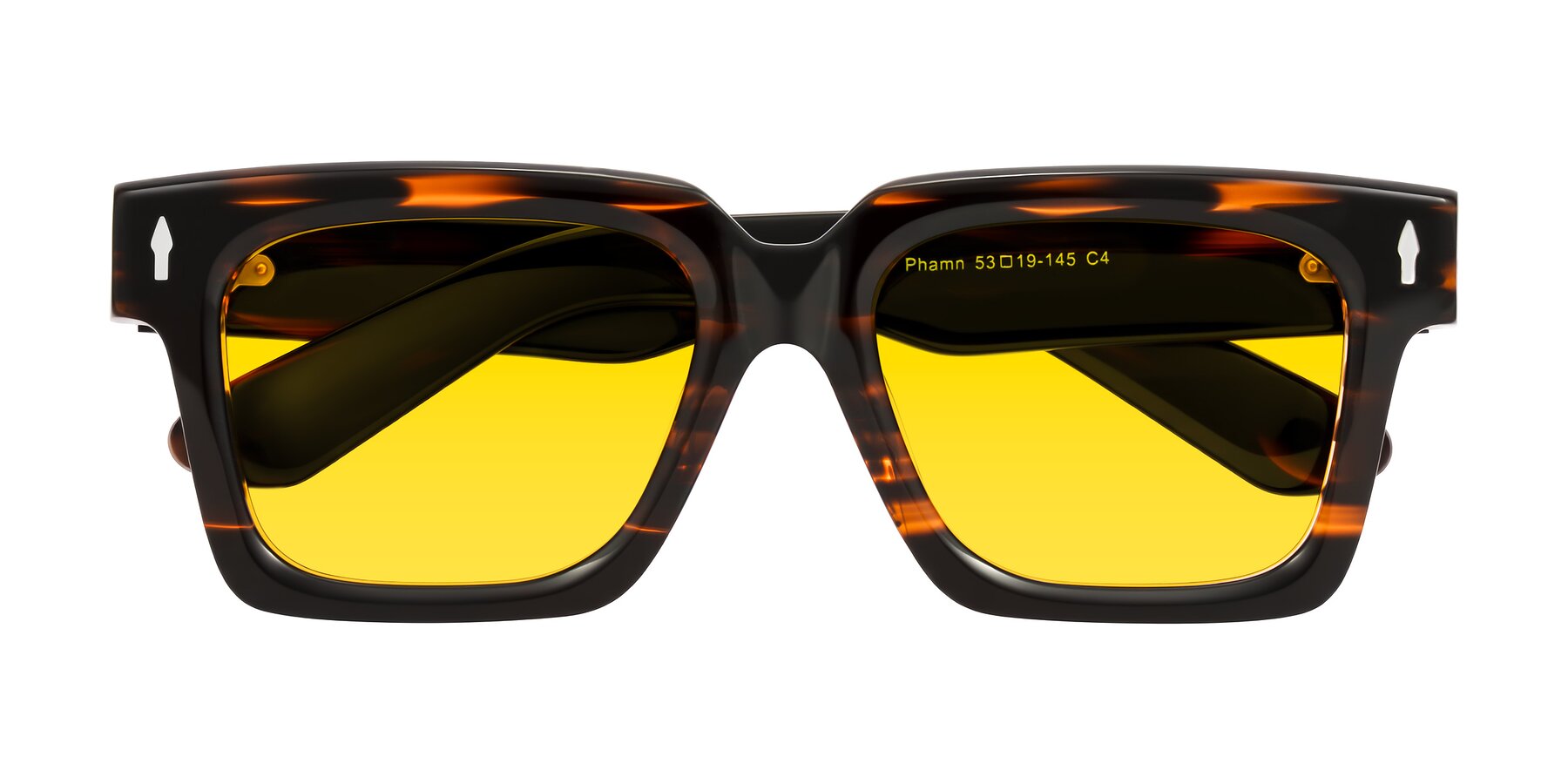 Folded Front of Phamn in Dark Brown Striped with Yellow Tinted Lenses