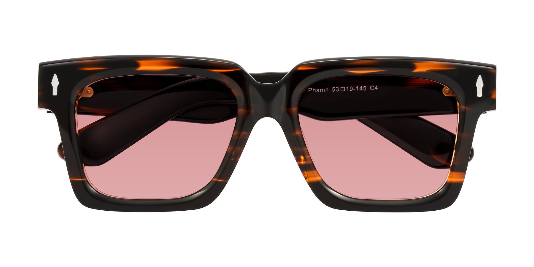 Folded Front of Phamn in Dark Brown Striped with Medium Garnet Tinted Lenses