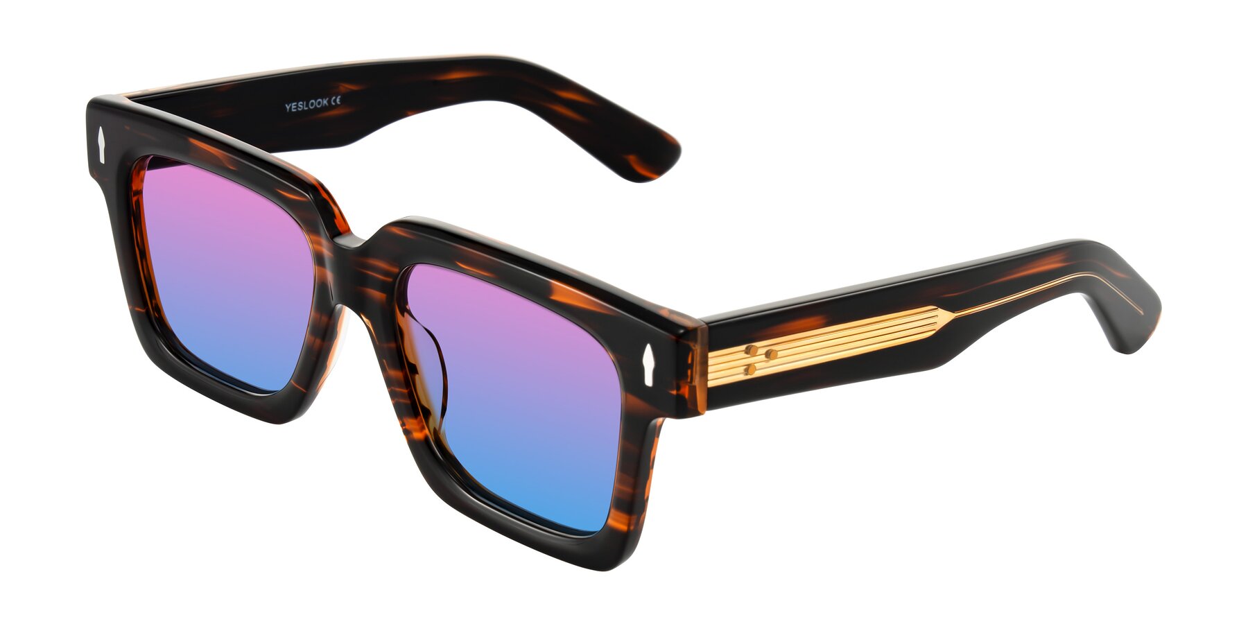 Angle of Phamn in Dark Brown Striped with Pink / Blue Gradient Lenses