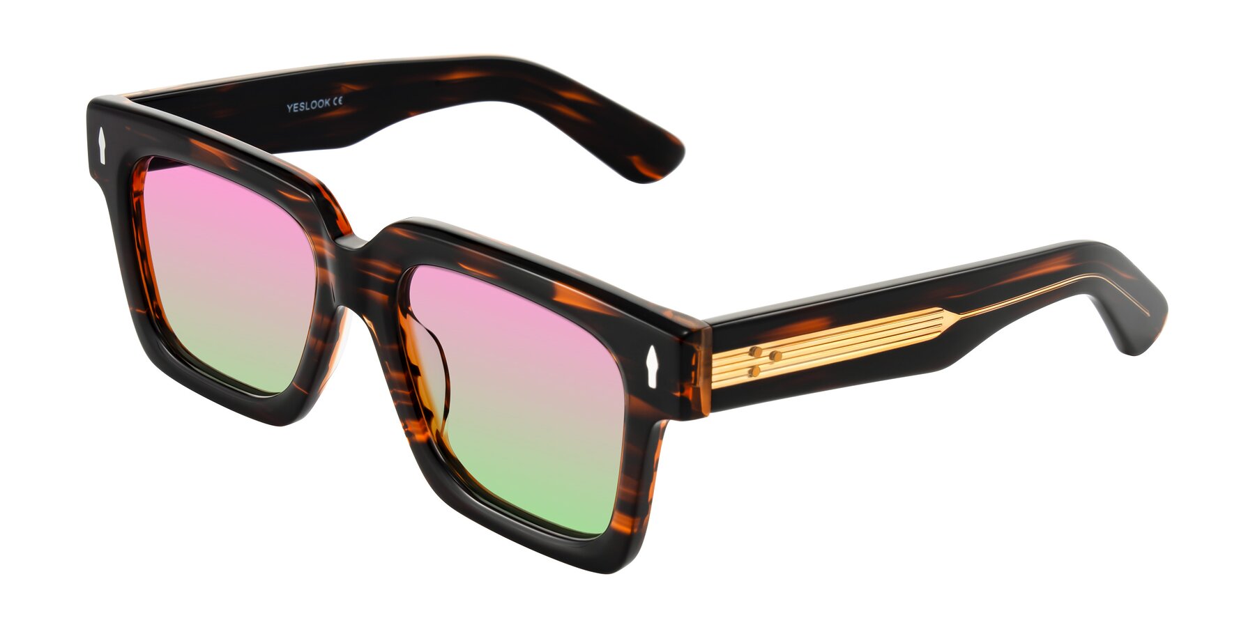 Angle of Phamn in Dark Brown Striped with Pink / Green Gradient Lenses