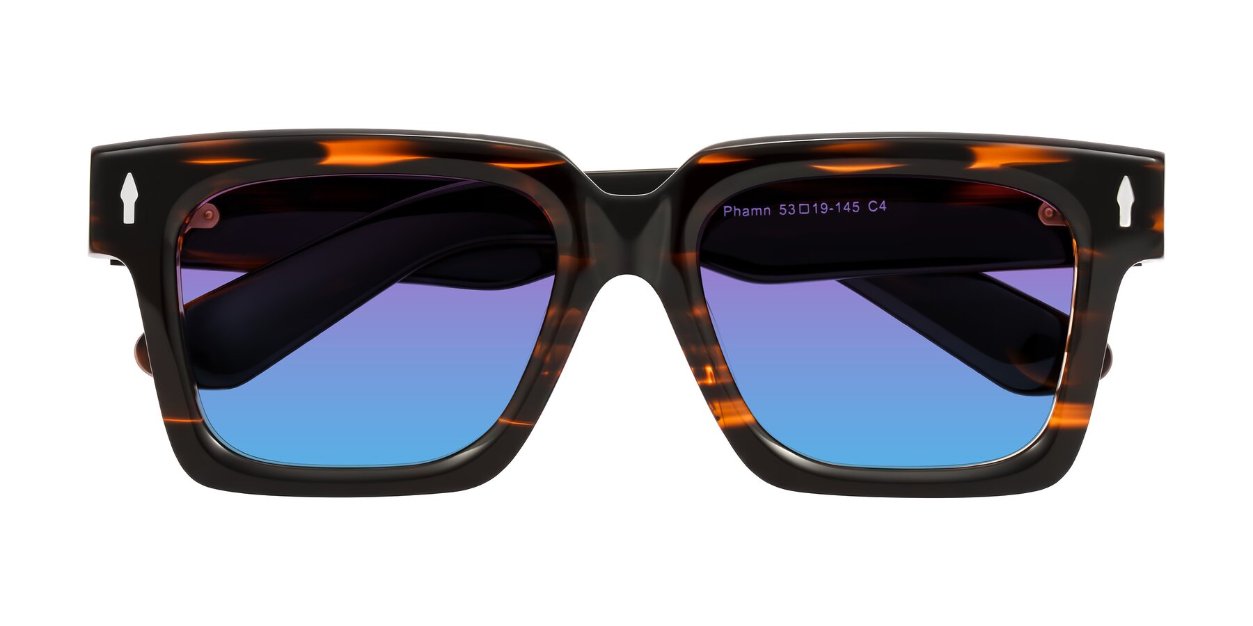 Folded Front of Phamn in Dark Brown Striped with Purple / Blue Gradient Lenses