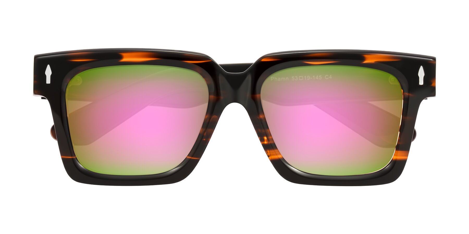 Folded Front of Phamn in Dark Brown Striped with Pink Mirrored Lenses