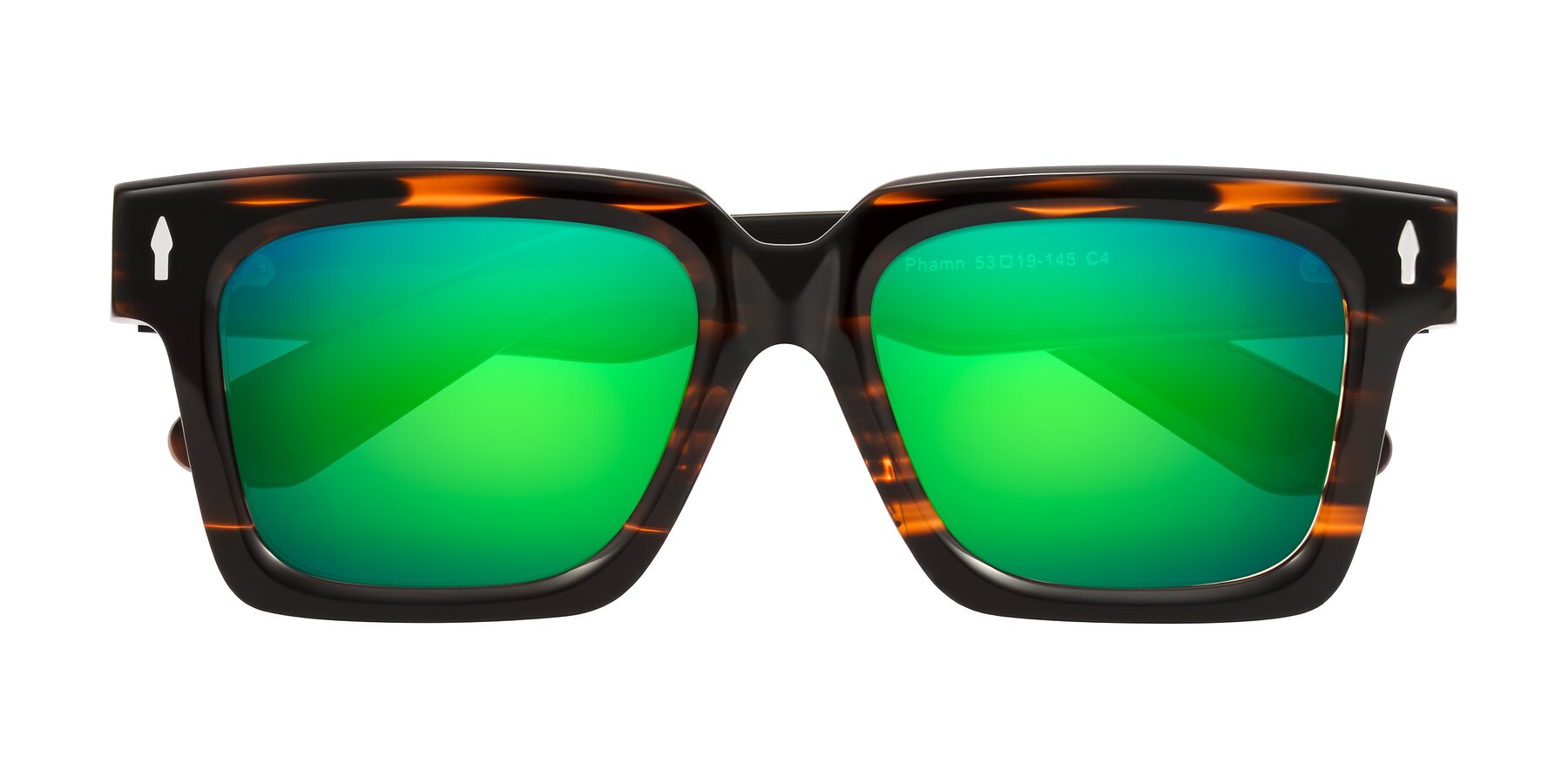 Folded Front of Phamn in Dark Brown Striped with Green Mirrored Lenses