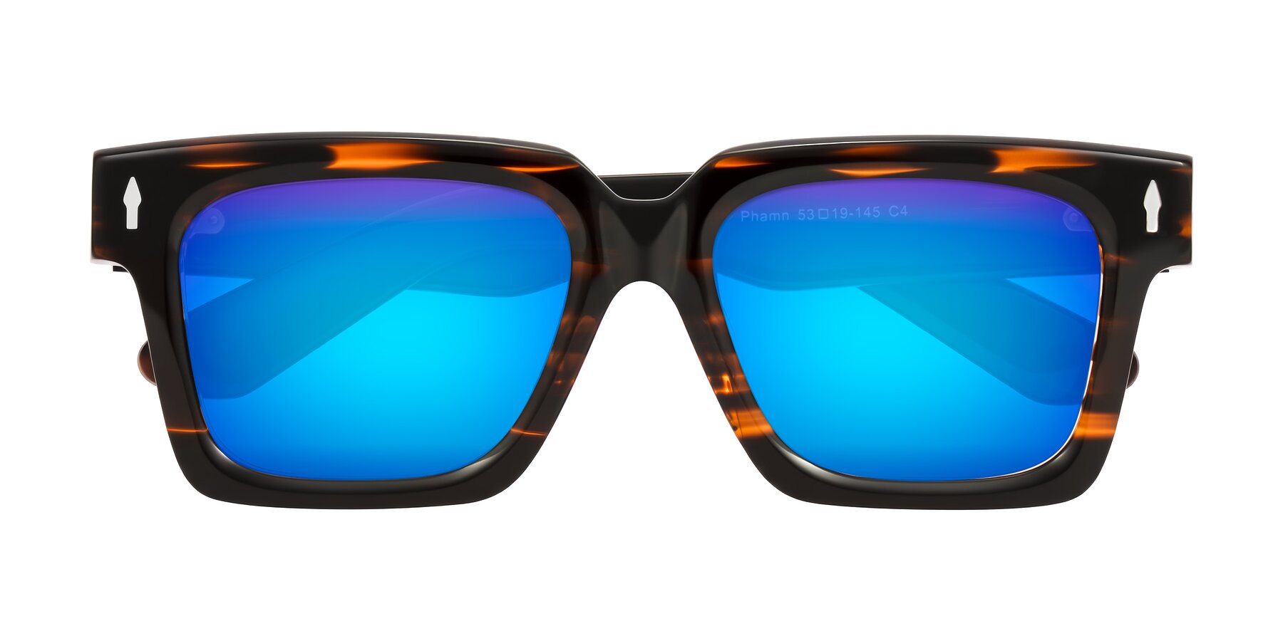 Folded Front of Phamn in Dark Brown Striped with Blue Mirrored Lenses
