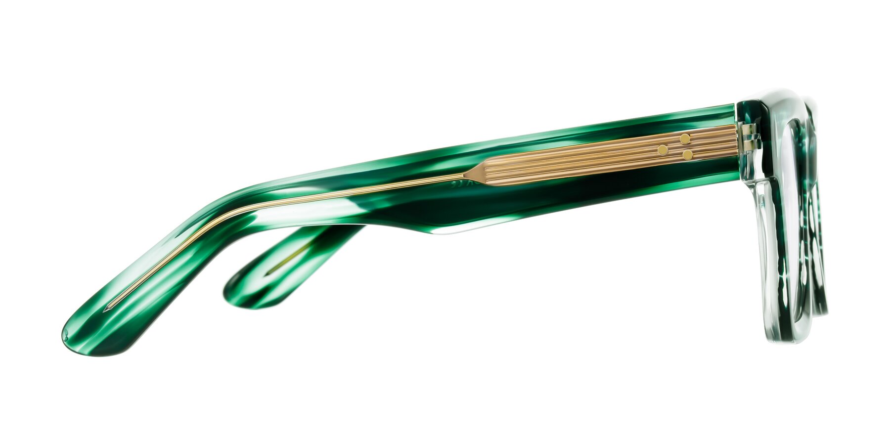 Side of Phamn in Dark Green Striped with Clear Blue Light Blocking Lenses